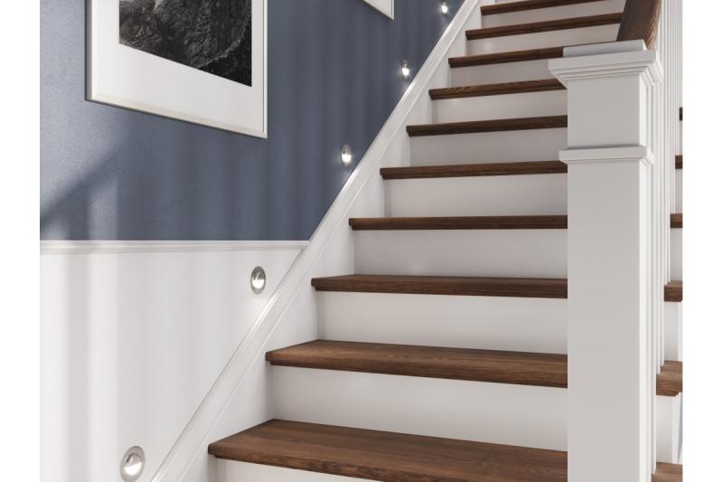 LED dekorační schodišťové svítidlo ESCADA OB DC12V, kulatý matný skleněný kryt, 0,8W, 70lm, 4000K, inox, kabel 150 cm