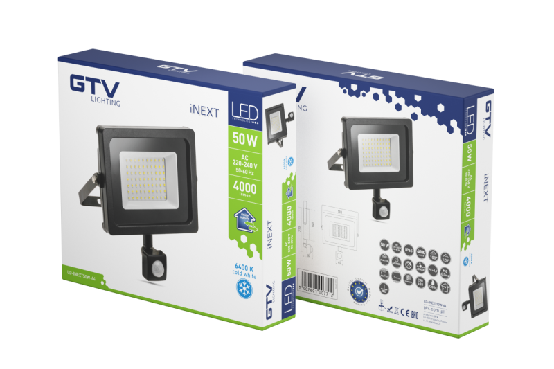 LED reflektor iNEXT s detektorem pohybu 50W 4000lm, PF>0,9, RA>80, IP65, 120°, 6400K, černé tělo 1208962862