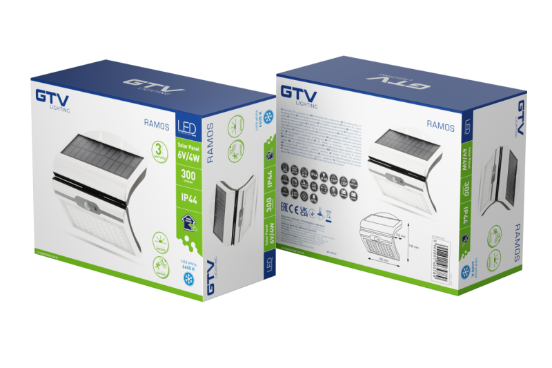 RAMOS Solární Fasádní Svítidlo s Pohybovým/Senzorem Soumraku, 50W, 300lm, 3,7V 1800mAh, IP44, 6000K, bílá 1208963114