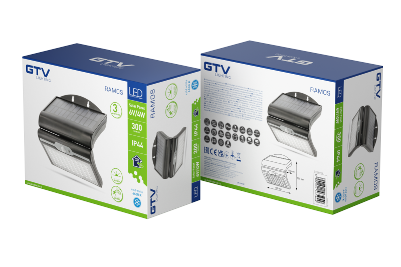 RAMOS Solární Fasádní Svítidlo s Pohybovým/Senzorem Soumraku, 50W, 300lm, 3,7V 1800mAh, IP44, 6000K, Černé 1208963115