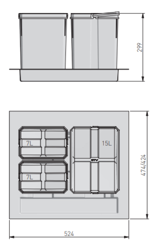 Garbi Basket B-60-3 třídicí odpadkový systém pro zásuvku 60 cm včetně držáku a 3 odpadkových košů 1208964399