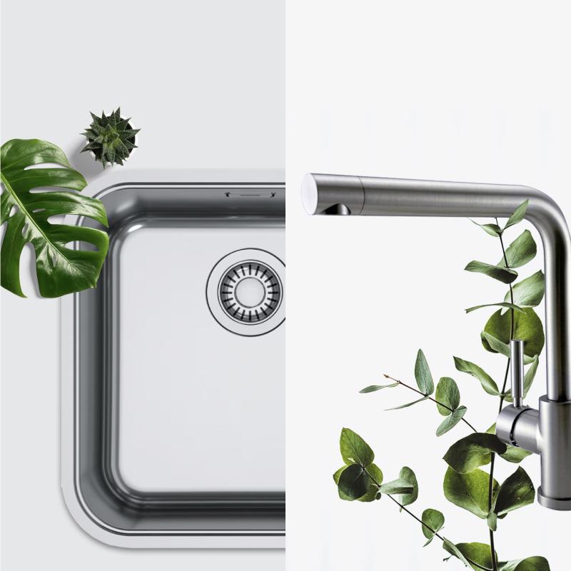 Sada kombinací Franke dřez - Pure.sink kuchyňská baterie - kuchyňský sifon