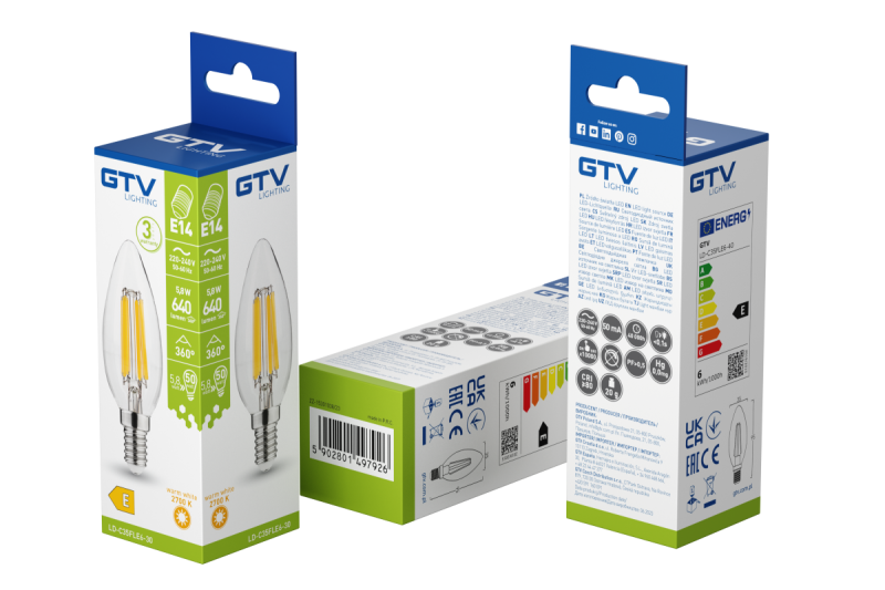 ZDROJ SVĚTLA LED, FILAMENT, A-G, C35, 2700K, E14, 5,8W, AC220-240V, 360°, 640lm, 50mA 1208966964