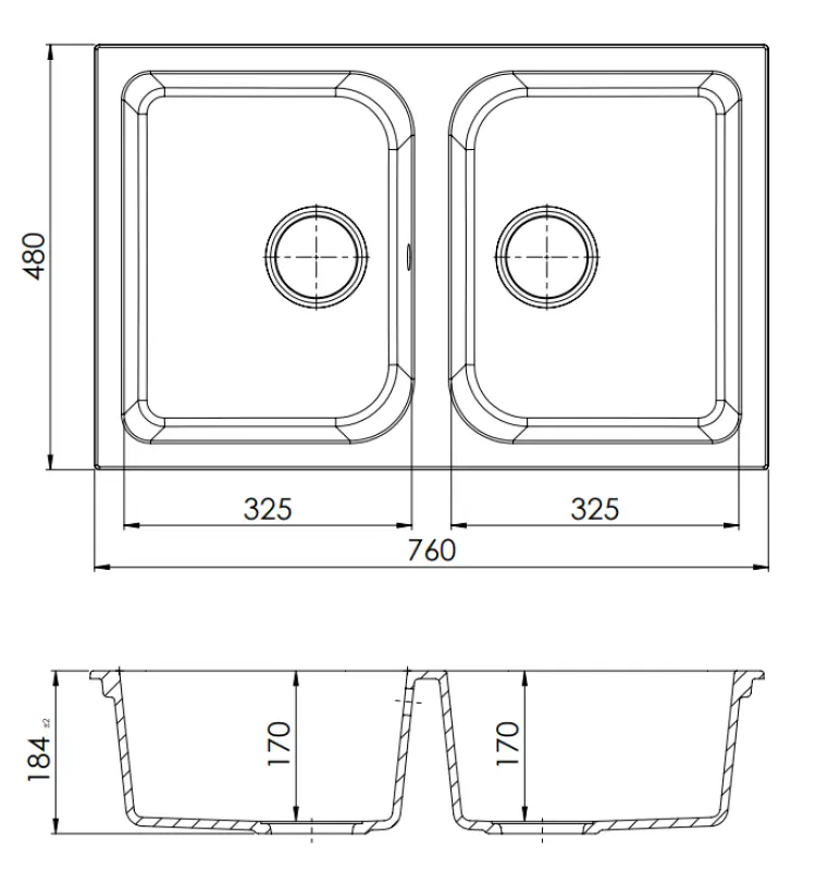 GraniteMy Dortmunt černý žulový dvojitý dřez s horní montáží 76x48 cm s černým odtokem 1208967041