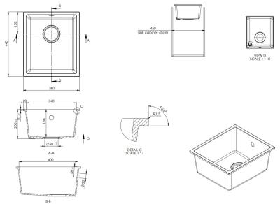 GraniteMy Universal granite white sink 34x40 cm white top-mounted undermount and flush-mount with stainless steel plug 1208967107