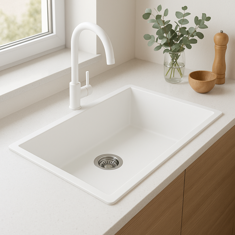 GraniteMy Universal granitový velký bílý dřez 74x40 cm bílý, montáž na desku, pod desku a do roviny s nerezovým uzávěrem 1208967111