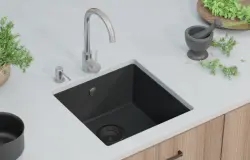 GraniteMy Universele granieten zwarte spoelbak 40x40 cm zwart opbouw, onderbouw en vlakbouw met zwarte plug 1208967112