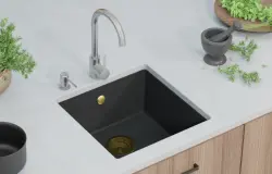 GraniteMy Universal granitový černý dřez 40x40 cm černý horní montáž, spodní montáž a rovná montáž se zlatou zátkou 1208967113
