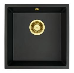 GraniteMy Universal granitový černý dřez 40x40 cm černý horní montáž, spodní montáž a rovná montáž se zlatou zátkou 1208967113