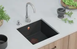 GraniteMy Universele granieten zwarte spoelbak 40x40 cm zwart opbouw, onderbouw en vlakbouw met koperen plug 1208967114