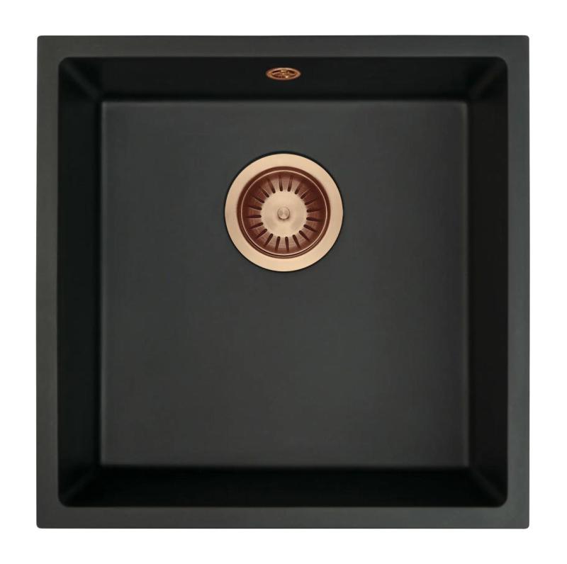 GraniteMy Universele granieten zwarte spoelbak 40x40 cm zwart opbouw, onderbouw en vlakbouw met koperen plug 1208967114