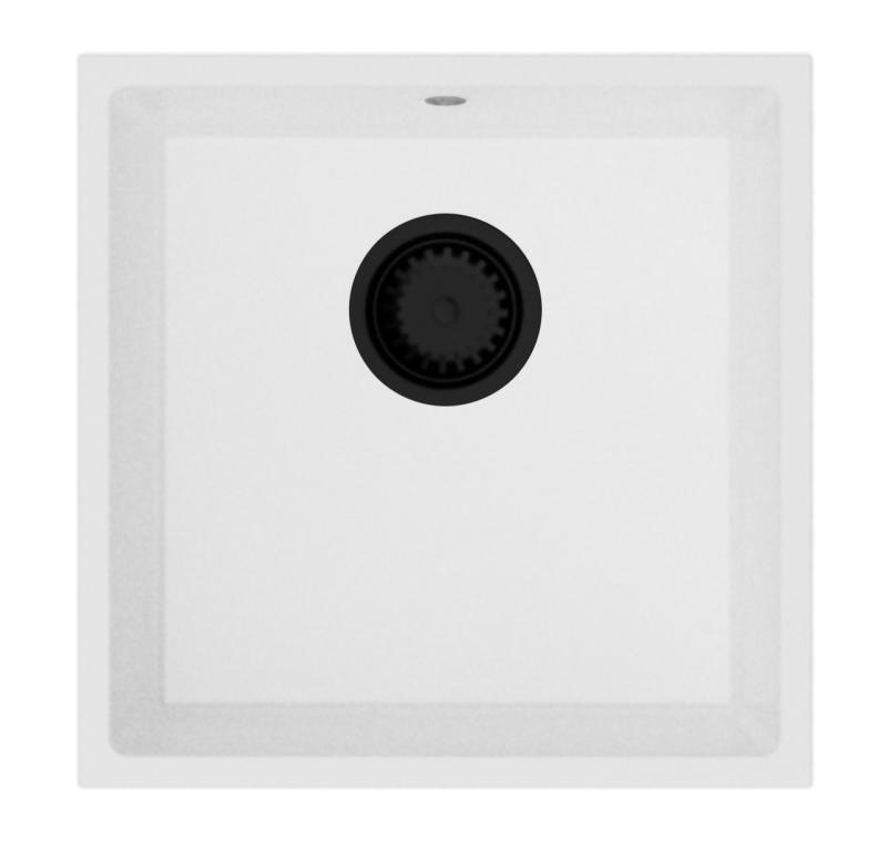 GraniteMy Universal granitový bílý dřez 40x40 cm bílý, montáž na desku, spodní montáž a rovná montáž s černou zátkou 1208967128