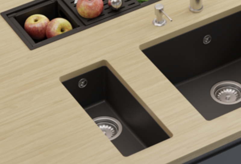 GraniteMy Universele kleine granieten zwarte spoelbak 17x40 cm zwart, geschikt voor opbouw, onderbouw en vlakbouw, met gouden plug 1208967142