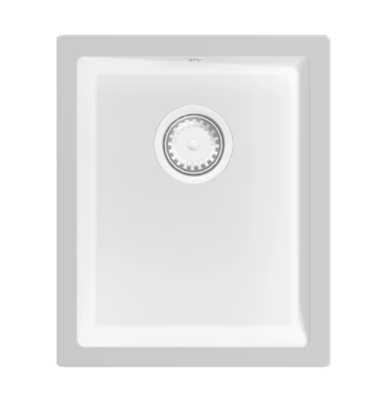 GraniteMy Universal univerzální bílý žulový dřez 34x40 cm bílý, instalace na desku, pod desku i do roviny s bílou zátkou 1208967146