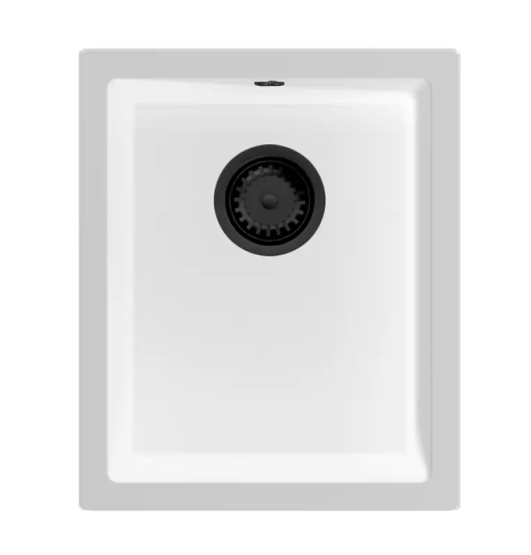GraniteMy Universal granitový bílý dřez 34x40 cm bílý pro vestavbu, spodní a plochou montáž s černou zátkou 1208967147