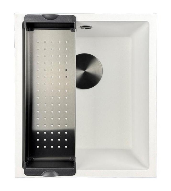 GraniteMy Universal granitový bílý dřez 34x40 cm bílý pro vestavbu, spodní a plochou montáž s černou zátkou 1208967147