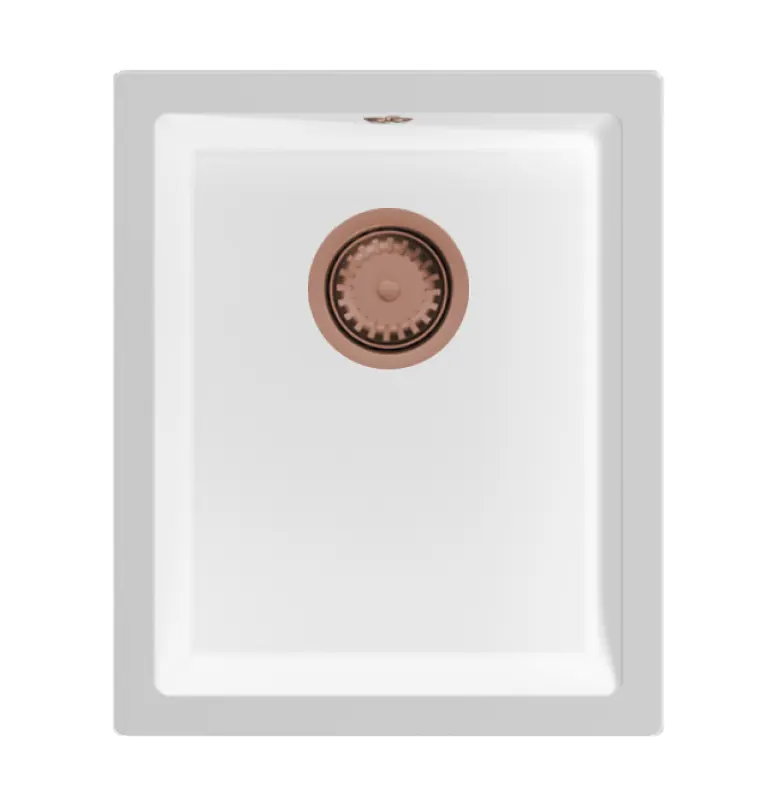 GraniteMy Universal granitový bílý dřez 34x40 cm bílý pro montáž na desku, pod pracovní desku a do roviny s měděnou zátkou 1208967148
