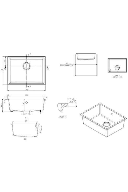 GraniteMy Universal granitový bílý dřez 55x40 cm bílý, montáž na pracovní desku, montáž pod desku a montáž do roviny s bílou zátkou 1208967153
