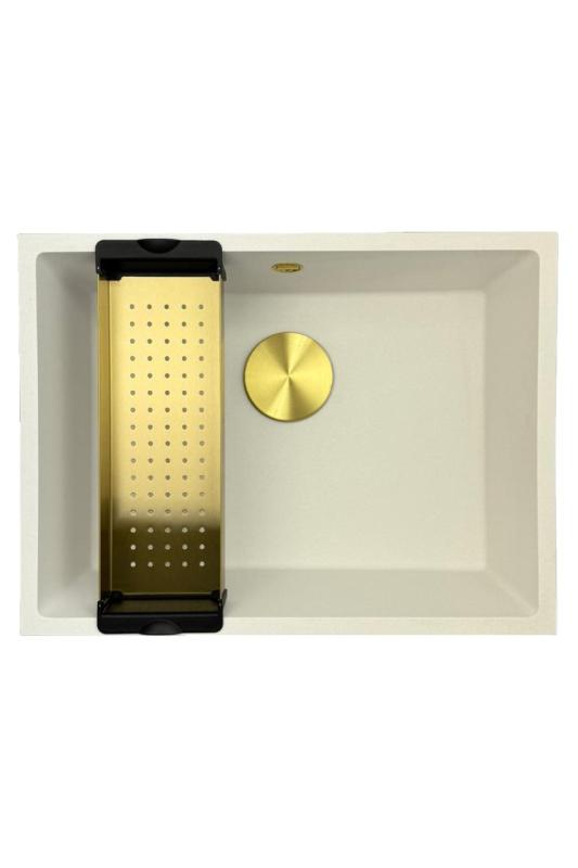 GraniteMy Universele granieten witte gootsteen 55x40 cm wit opbouw onderbouw en vlakbouw met gouden stop 1208967155