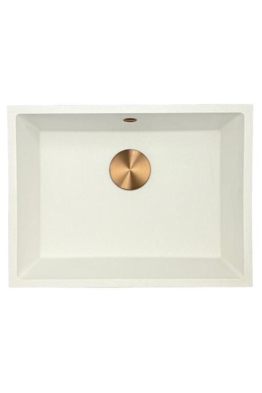 GraniteMy Universele granieten witte gootsteen 55x40 cm bílá montáž na desku, pod desku a do roviny s měděnou zátkou 1208967156