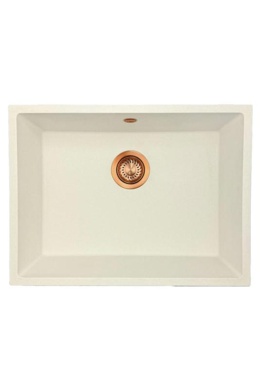 GraniteMy Universele granieten witte gootsteen 55x40 cm bílá montáž na desku, pod desku a do roviny s měděnou zátkou 1208967156