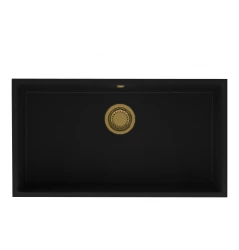 GraniteMy Universele grote zwarte granieten spoelbak 74x40 cm, geschikt voor opbouw, onderbouw en vlakbouw, met gouden plug 1208967159
