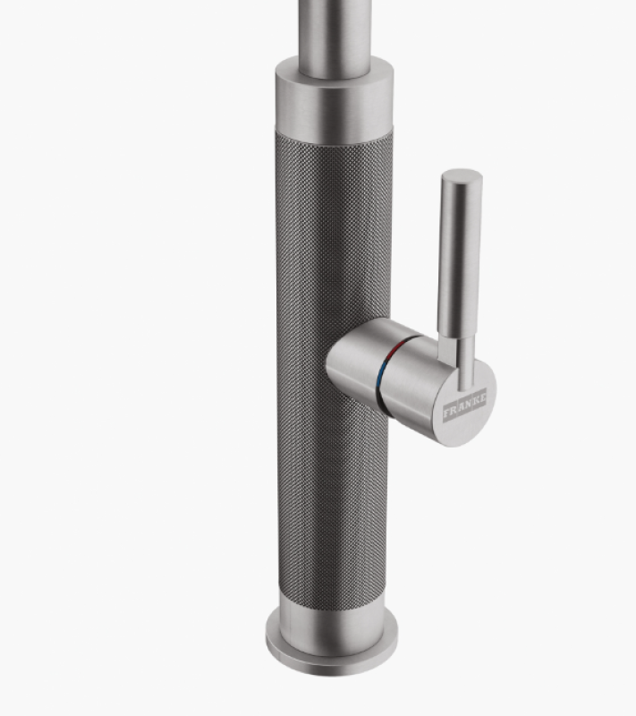 Franke Mythos Masterpiece kuchyňská baterie s výtokem ve tvaru J a výsuvnou sprchovou hlavicí, kompletně z nerezové oceli, 115.0711.554