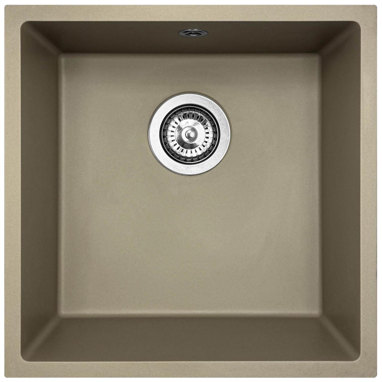 GraniteMy Universal granitový taupe dřez 40x40 cm nadstavba, podstavba a plochá instalace s nerezovou zátkou 1208967211