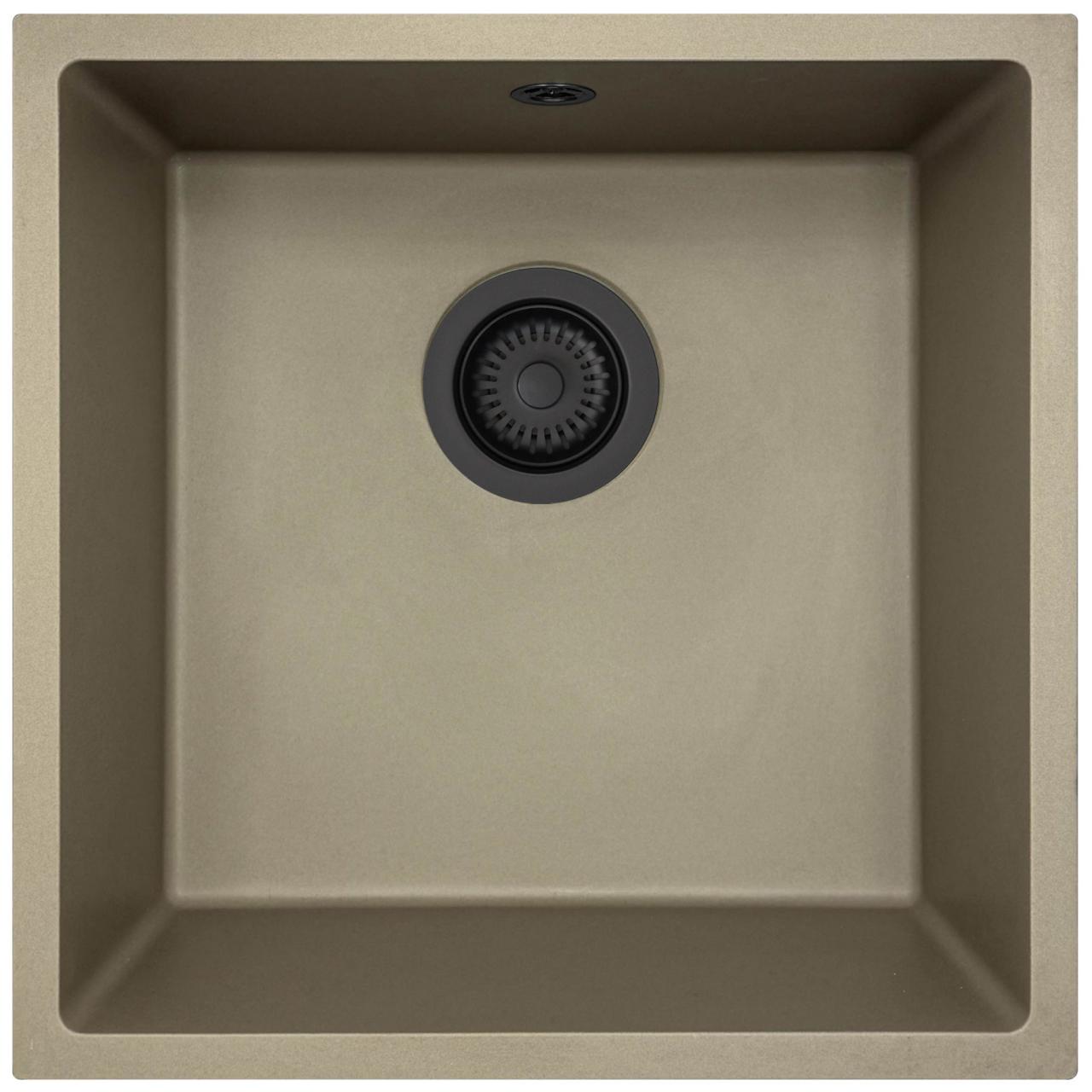 GraniteMy Universal granitový taupe dřez 40x40 cm, montáž na desku, pod desku a do roviny s černou zátkou 1208967213