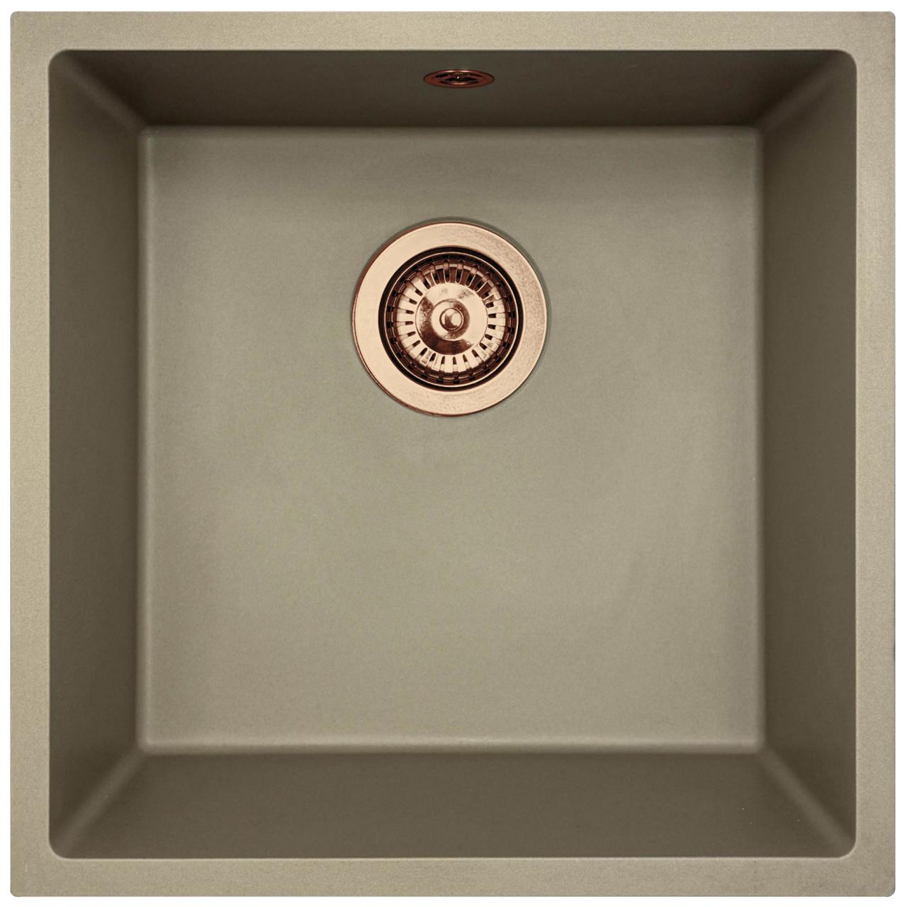 GraniteMy Universal žulový taupe dřez 40x40 cm na desku, pod desku a do roviny s měděnou zátkou 1208967214