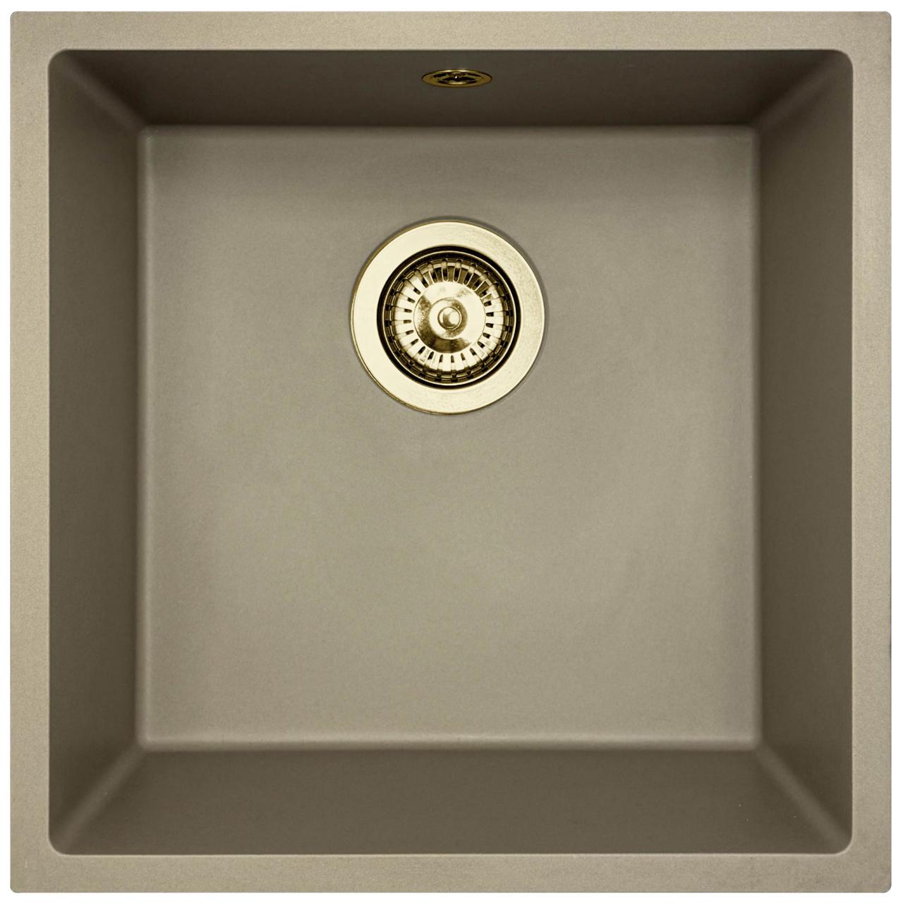 GraniteMy Universal žulový taupe dřez 40x40 cm pro montáž na pracovní desku, pod pracovní desku a do roviny s pracovní deskou se zlatou zátkou 1208967215