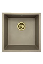 GraniteMy Universal žulový taupe dřez 40x40 cm pro montáž na pracovní desku, pod pracovní desku a do roviny s pracovní deskou se zlatou zátkou 1208967215