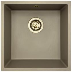 GraniteMy Universal žulový taupe dřez 40x40 cm pro montáž na pracovní desku, pod pracovní desku a do roviny s pracovní deskou se zlatou zátkou 1208967215