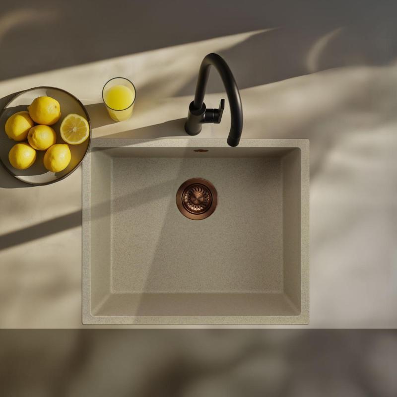 GraniteMy Universal granitový béžový pískový dřez 50x40 cm pro horní, spodní a plochou montáž s měděným špuntem 1208967221