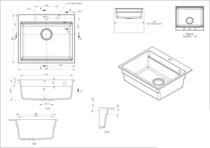 GraniteMy Steam žulový dřez 56x48 cm černý, vestavný s černou zátkou včetně příslušenství 1208967233