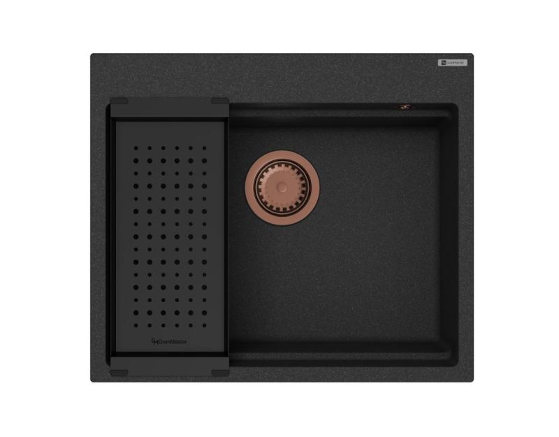 GraniteMy Steam žulový dřez 56x48 cm černý na pracovní desku s měděnou zátkou včetně příslušenství 1208967234