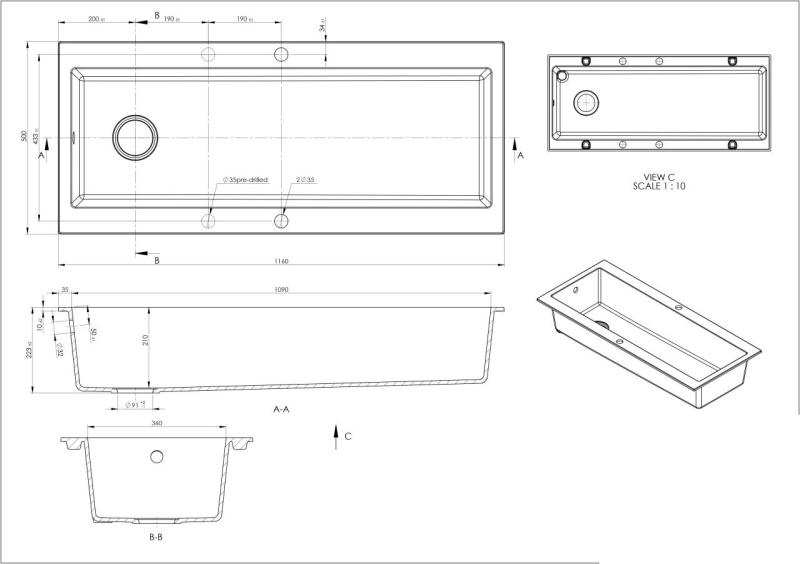 GraniteMy Trog žulový velmi velký černý dřez 116x50 cm černý s horní montáží s otvorem pro baterii a měděnou zátkou 1208967238