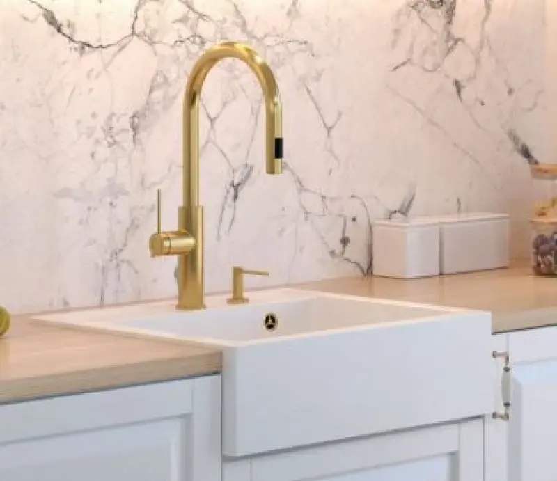 Quadri Farmhouse venkovský nebo vestavný žulový dřez matná bílá s měděnou zátkou 595x540mm 1208967265