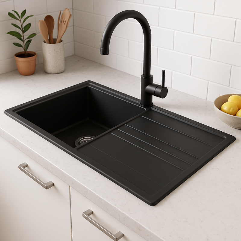 GraniteMy Vesi granitový vestavěný černý dřez 86x50cm se sušící plochou, reverzibilní s nerezovou zástrčkou 1208967279