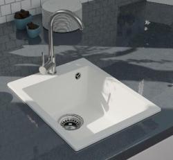 GraniteMy Bremen žulový bílý dřez 40x50 cm bílý pro horní montáž, spodní montáž a plochou montáž s bankem pro otvor kohoutku a s nerezovou zátkou 1208967284