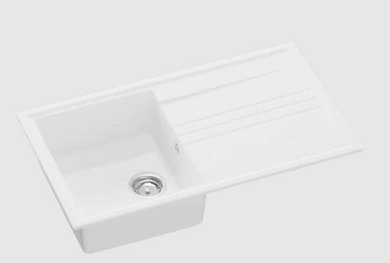 GraniteMy Vesi granitový nástavný bílý dřez 86x50cm s odkapáváním, reverzibilní s nerezovou zátkou 1208967291