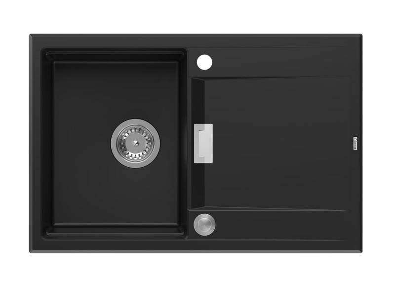 Quadri Minton Granitový Dřez Na Pracovní Desku Černý 76x50cm s Odkapávačem, Obojestranný a Nerezová Zátka - 1208967303