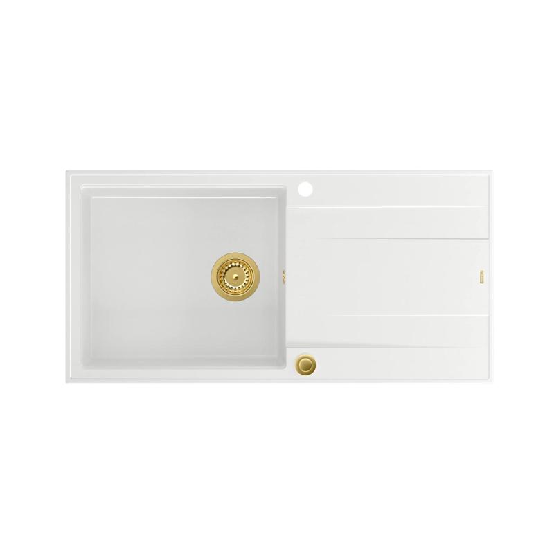Quadri Luton bílý žulový dřez s odkapávací plochou, oboustranný, 100x50 cm, se zlatou zátkou 1208967319