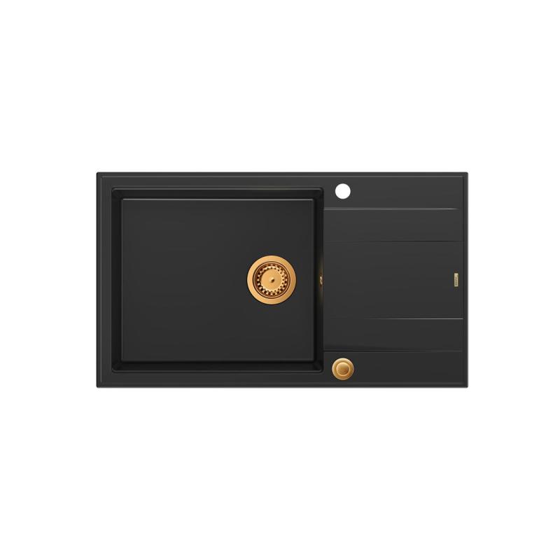 Quadri Luton černý žulový velký dřez s odkapávací plochou, oboustranný 86x50 cm s měděnou zátkou 1208967326