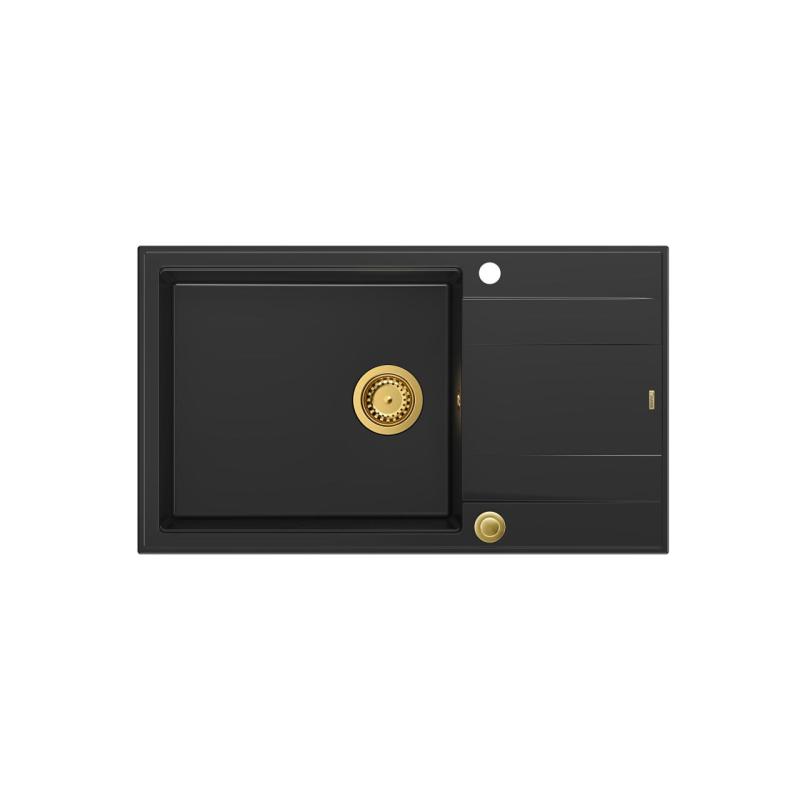 Quadri Luton černý žulový velký nástavný dřez s odkapávací plochou, oboustranný, 86x50 cm, se zlatou výpustí, 1208967327