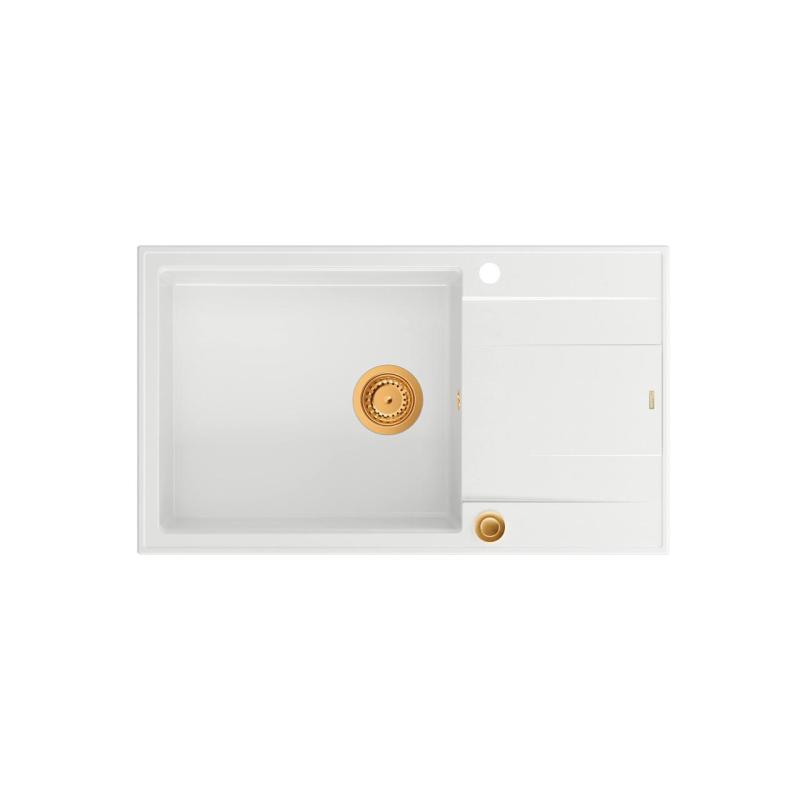 Quadri Luton bílý žulový velký nástavbový dřez s odkapávací plochou, oboustranný 86x50cm s měděnou zátkou 1208967328