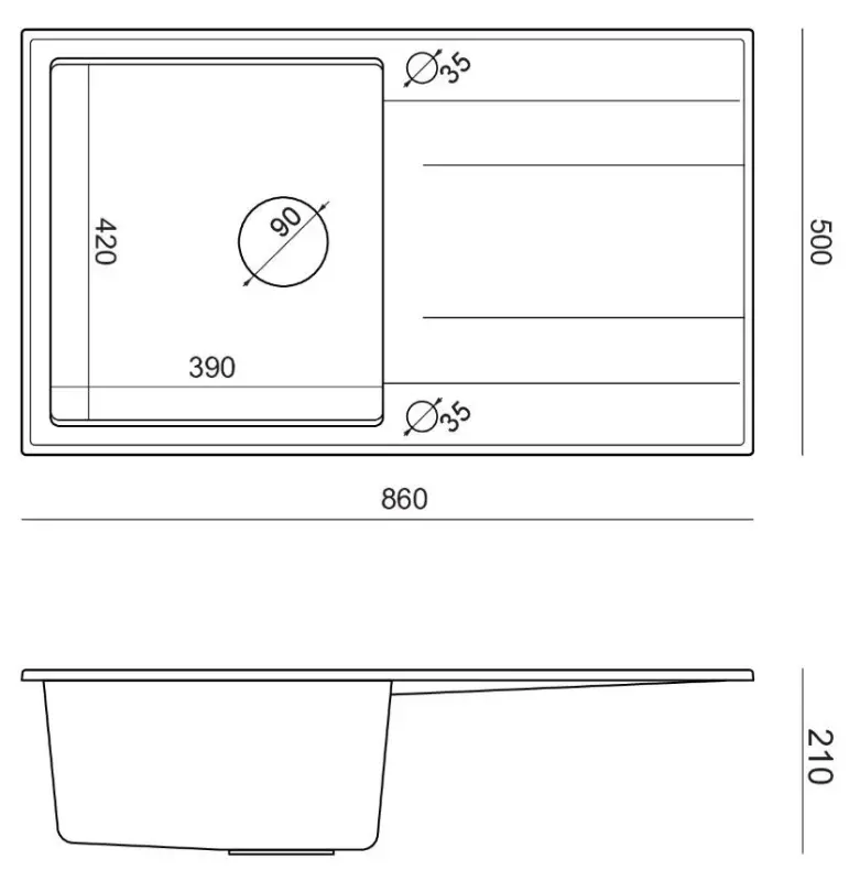 Quadri Luton antracitový žulový nástěnný dřez s odkapávací plochou, oboustranný, 86x50 cm, s měděnou zátkou 1208967345