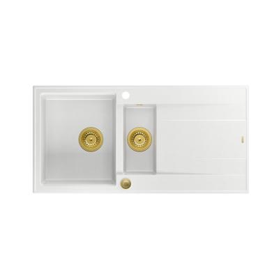 Quadri Luton white granite inset 1.5 kitchen sink with draining board reversible 100x50cm with golden plug 1208967348