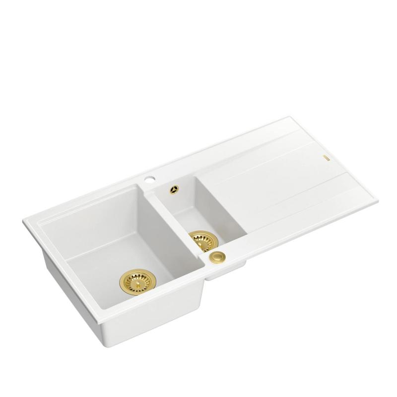 Quadri Luton bílý žulový dřez 1,5 vany s odkapávačem, oboustranný 100x50cm se zlatou zátkou 1208967348