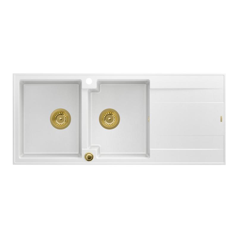 Quadri Luton vestavný dvojitý granitový dřez bílý s odkapávačem 116x50 cm se zlatou zátkou 1208967358